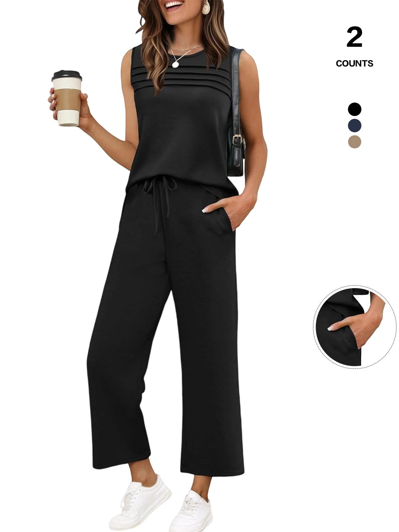 Women's 2 Piece Summer Outfit, Fitted Sleeveless Crewneck Tank Top with Shadow Stripes and High Waist Drawstring Wide Leg Pants with Pockets, Casual Lounge Set