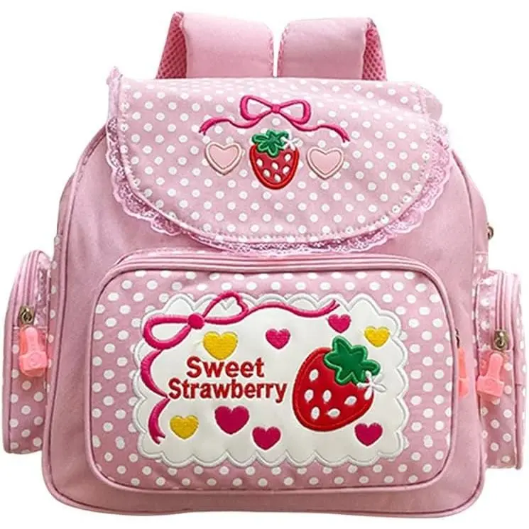 Kawaii Embroidery Strawberry Backpack for Girl Teen Student School Bag Satchel Cute Pink Lace JK Backpack(Gift)