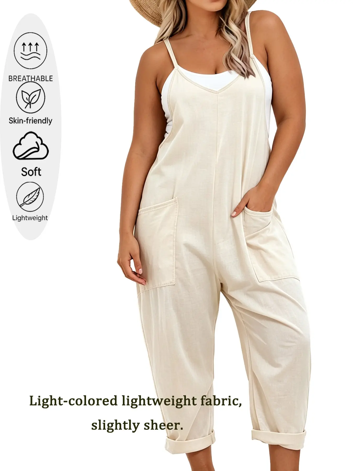 Plus Size Oversized Solid Color Loose-Fit Sleeveless Harem Overalls Jumpsuit, Casual Pocket Design, Comfortable Everyday Wear, Casual Comfy Jumpsuit
