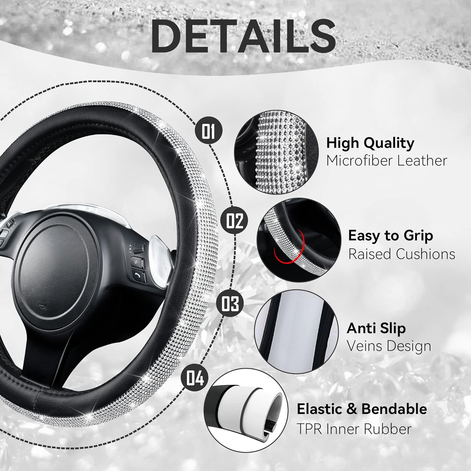 CAR PASS Bling Diamond Leather Steering Wheel Cover,with Sparkly Crystal Glitter Rhinestones Universal Fit 14" 1/2-15"Women Girl Fit Suvs,Vans,Sedans