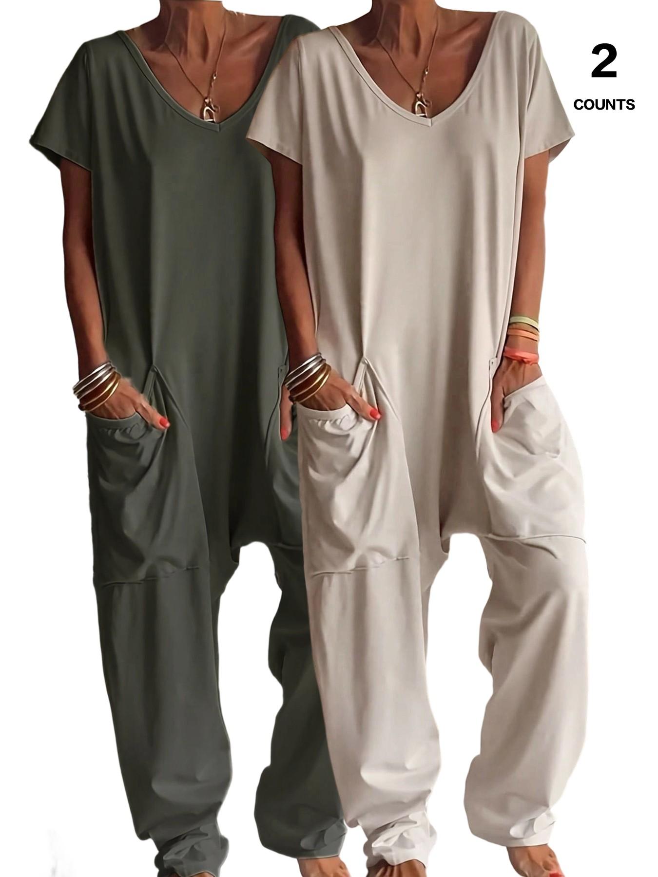2026 Women's Casual Oversized Jumpsuit, Casual Jumpsuits, Short-Sleeve Batwing V-Neck Harem Pants With pockets, Loose Fit Wide Leg, Perfect for All Seasons, Stylish & Comfortable，Suitable for Daily Home Wear and Fashionable for Outings