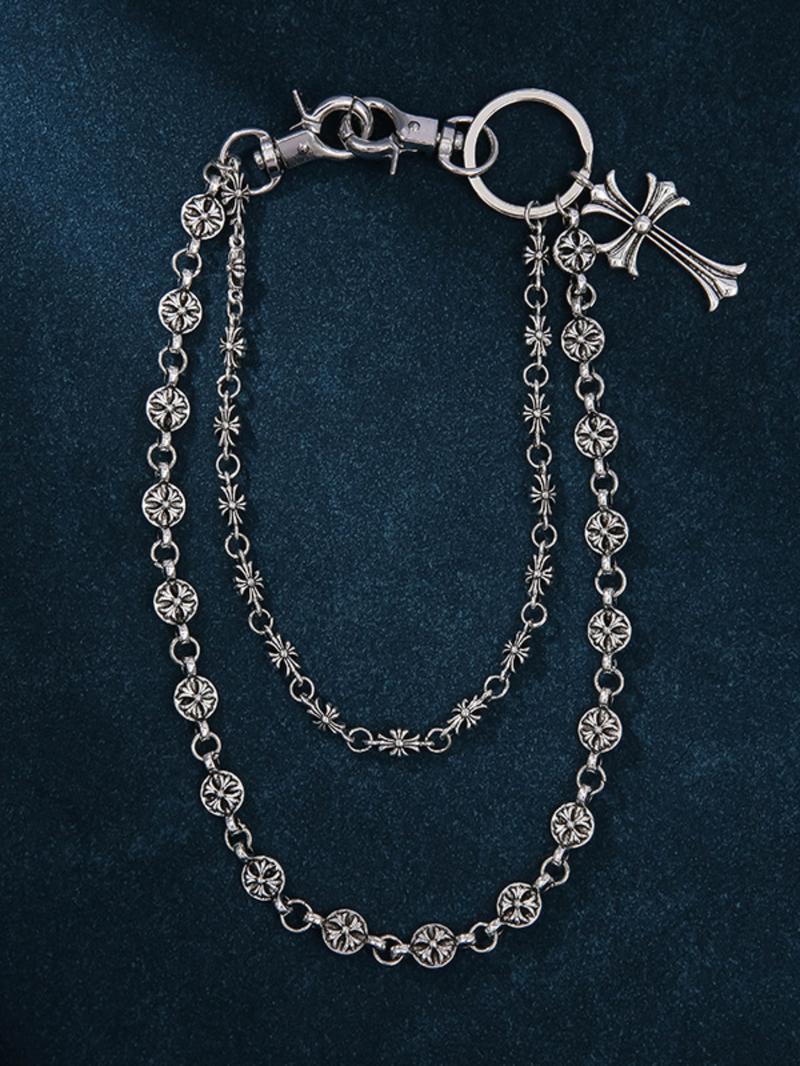 Double Layer Cross Waist Chain, Hip Hop Style, Denim Jeans Chain, Backpack Chain, Sword Bead Decoration, Vintage Punk Wallet Chain