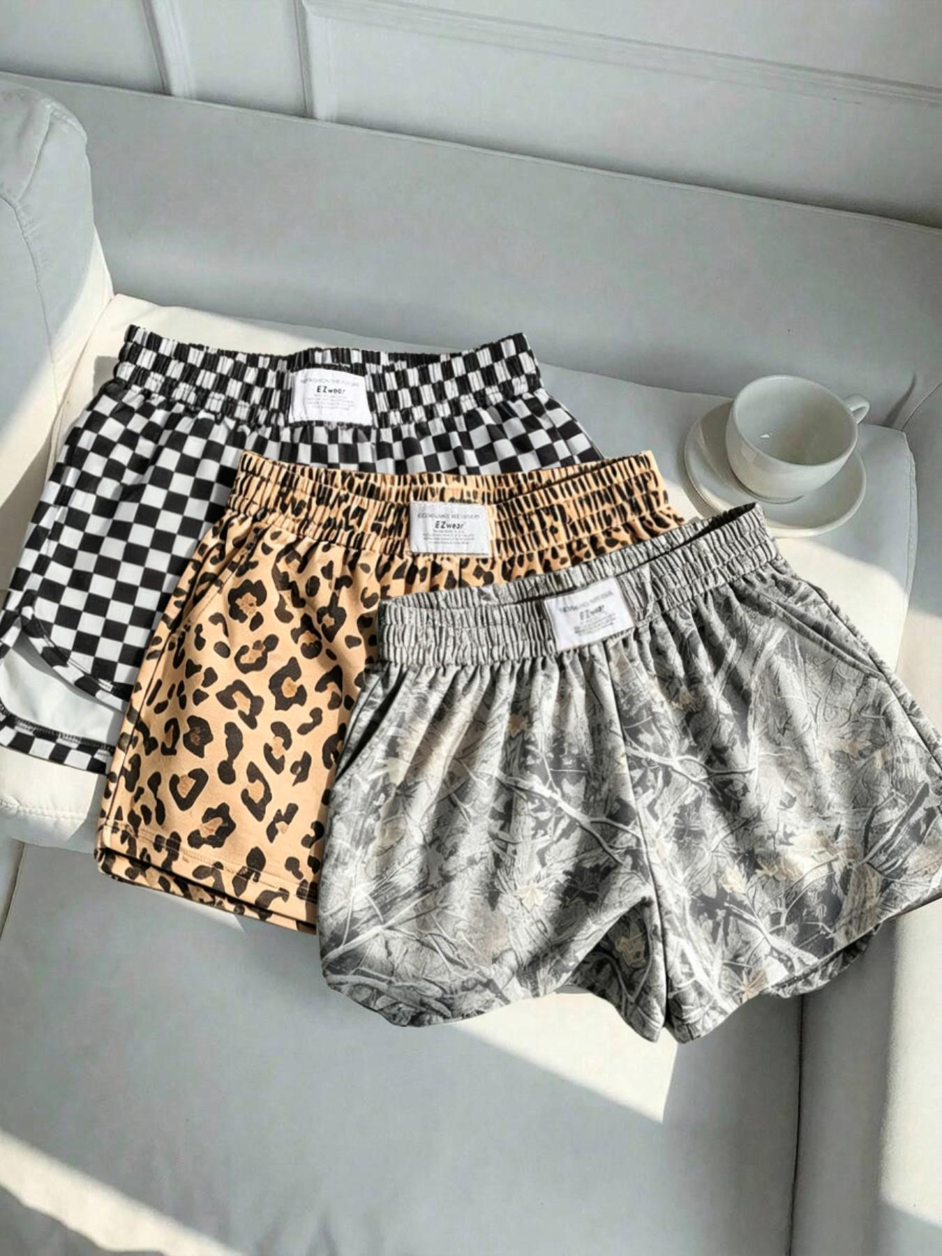 Women's Summer Leopard and Plaid Print Athleisure Casual Shorts, Comfortable Loose-Fit Athletic Bottoms for Yoga and Daily Activities