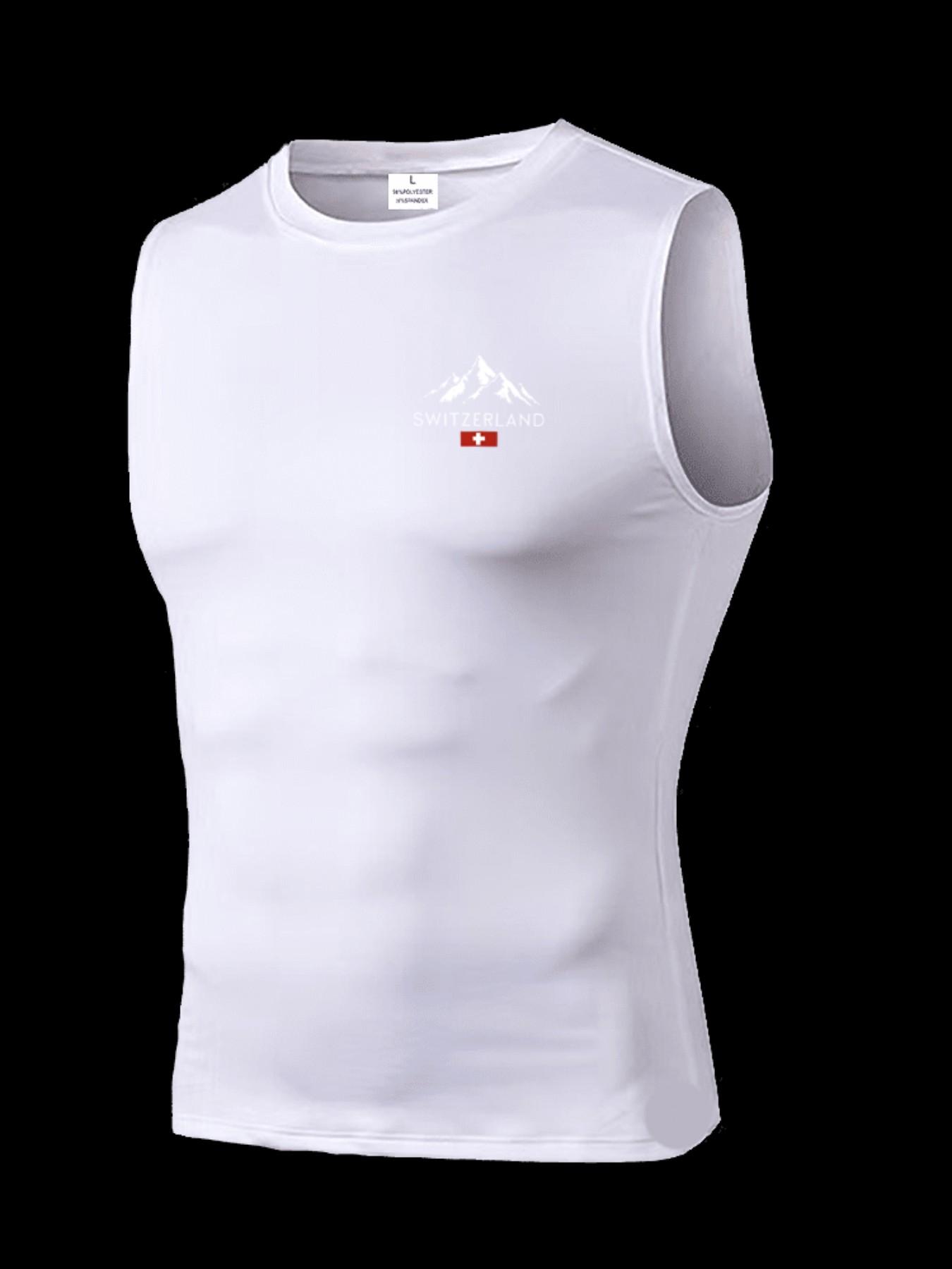 Men's Short Sleeve Sporty Slim-Fit Tee, Quick-Dry Breathable Fabric, Switzerland Print, Ideal for Gym, Running, Boxing, Outdoor Activities