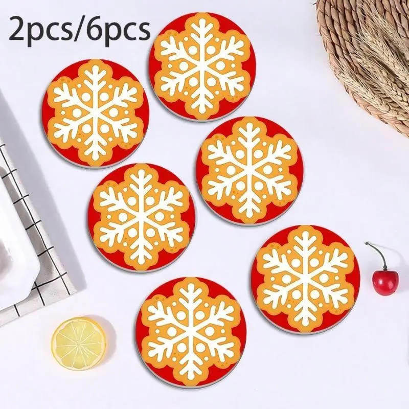 Christmas Gingerbread Snowflake Round Coasters (2-Pack, 6-Piece Set Options) - Water-Absorbent, Heat-Insulating Tableware Drink Mats, Gloss Acrylic Hot Rod Red Home Decor for Dining Table, Car Cup Holders