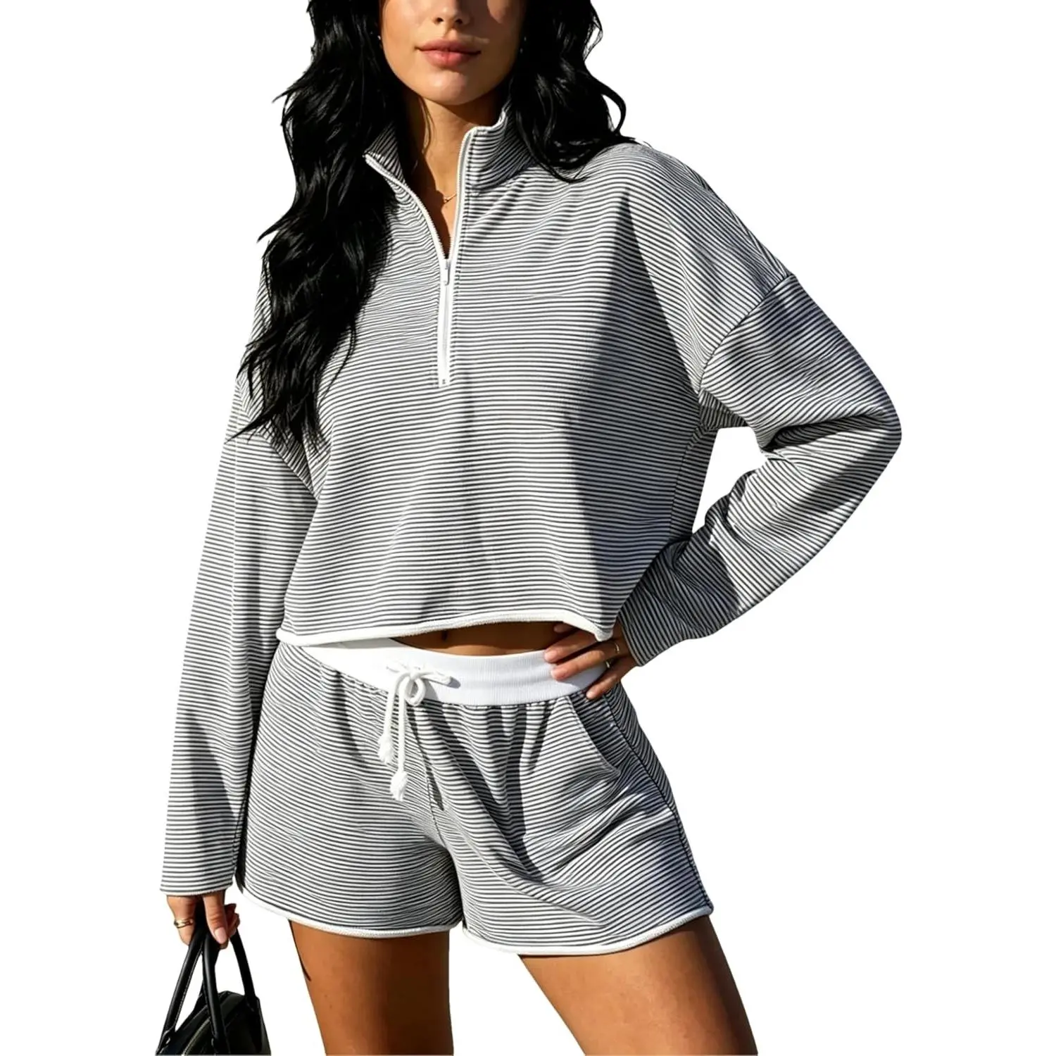 Women's 2 Piece Outfits Casual Quarter Zip Long Sleeve Pullover and Drawstring Shorts Lounge Set