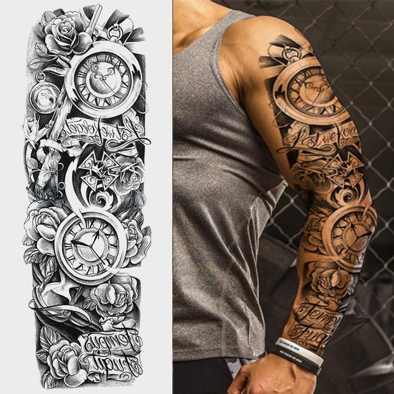 4 Sheets Full Arm Temporary Tattoo Stickers, Waterproof Floral Clock Rose Gothic Skull Tattoo Body Art Tattoos, Realistic Long-Lasting Fake Tattoos for Men Women