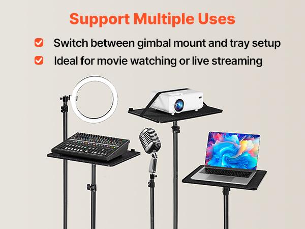 VEVOR Projector Stand, Projector Floor Stand with Adjustable Height 30.3 to 63.4 inch, 360 Horizontal Rotation Projectors Cart for Meetings, Outdoor Movies, Video Stand, Gimbal Mount or Tray Support
