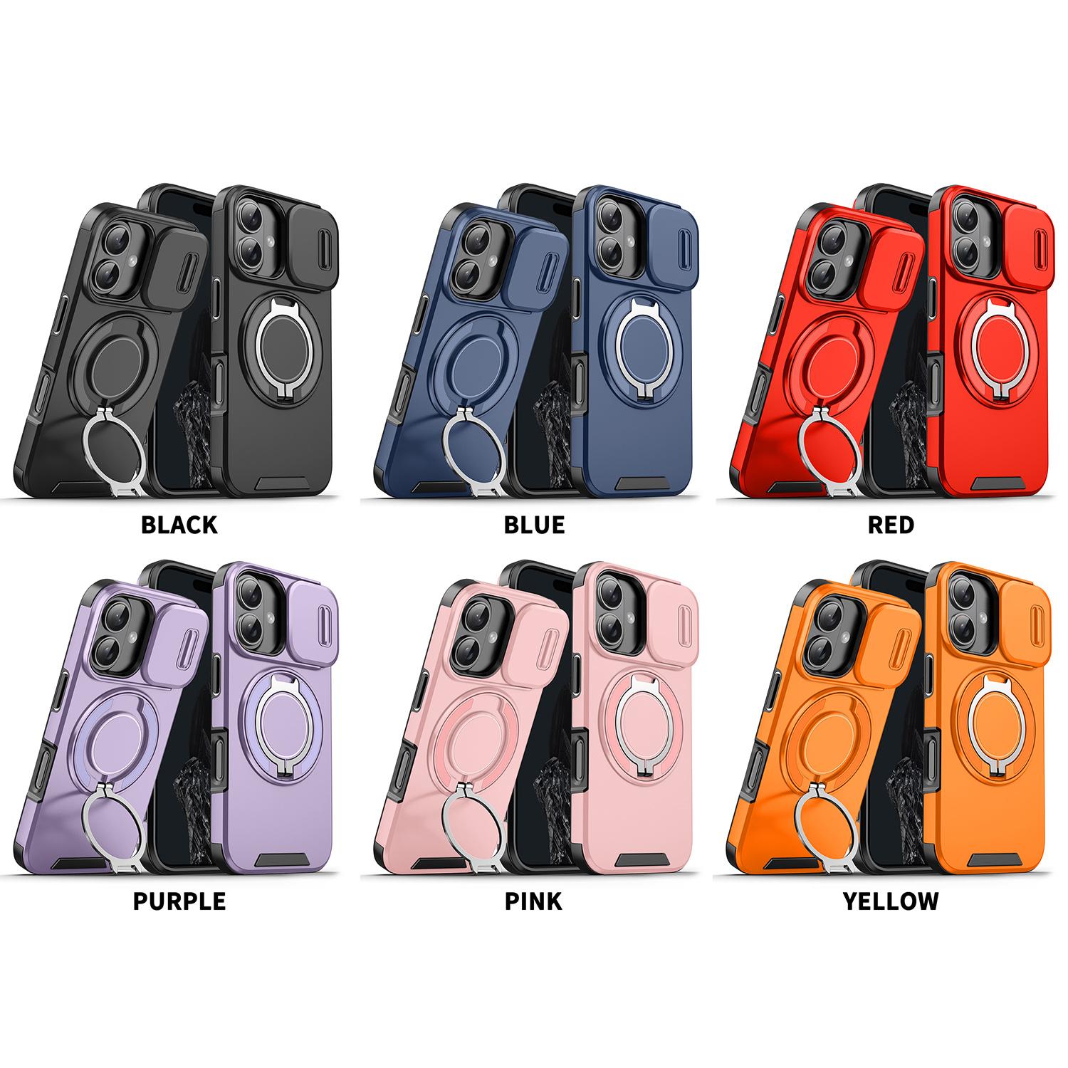 Slide Camera Cover For iPhone 17 Pro Max 16/15/14/13/12 Military Grade Drop Protection Anti-Fingerprint Coating 360° Rotatable Ring Holder Stand Black Shockproof Protective Casing