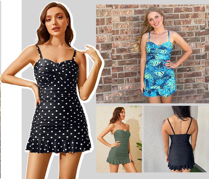 Holipick Women's Tummy Control One Piece Swim Dress Strapless Swimsuit Bandeau Skirted Bathing Suits