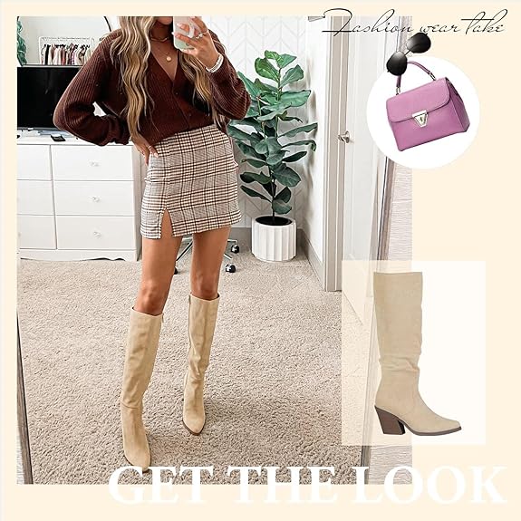 Women's Pointed Toe Knee High Boots Faux Suede Stacked Chunky Heel Boots Side Zipper Slouchy High Boots