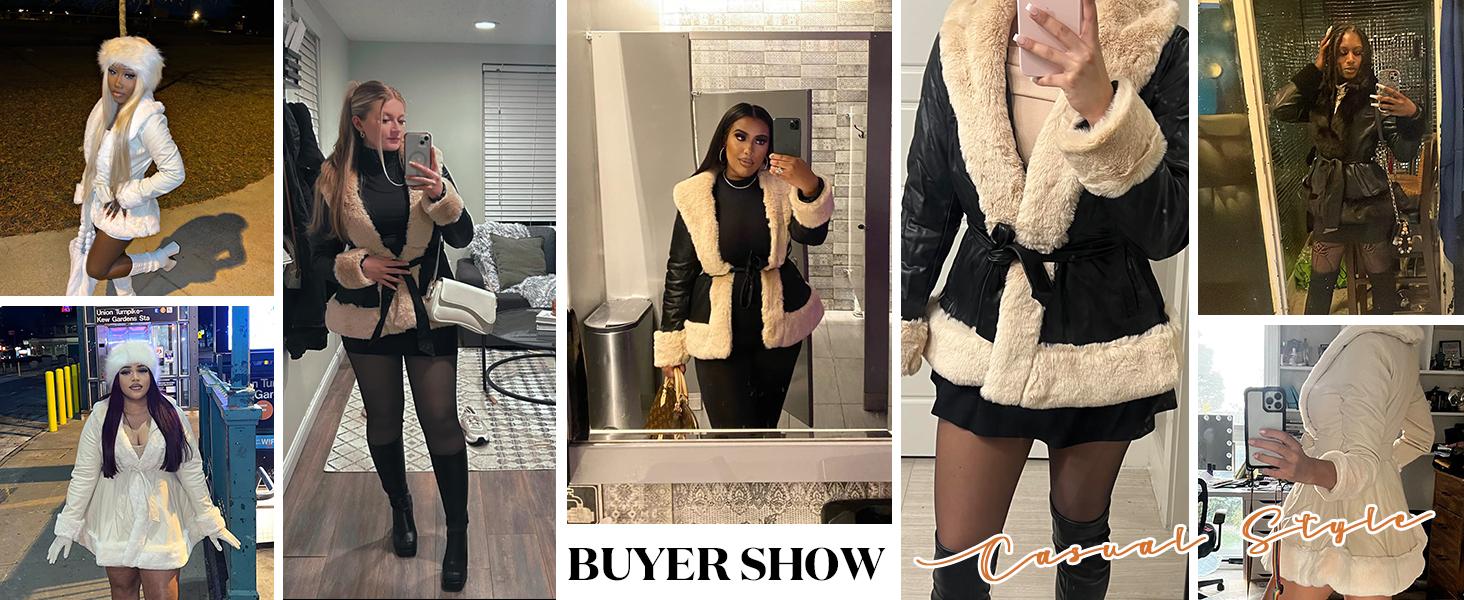 Danedvi Womens Faux Leather Jackets Winter Warm Short/Long Parka Coats with Faux Fur Collar Outwear