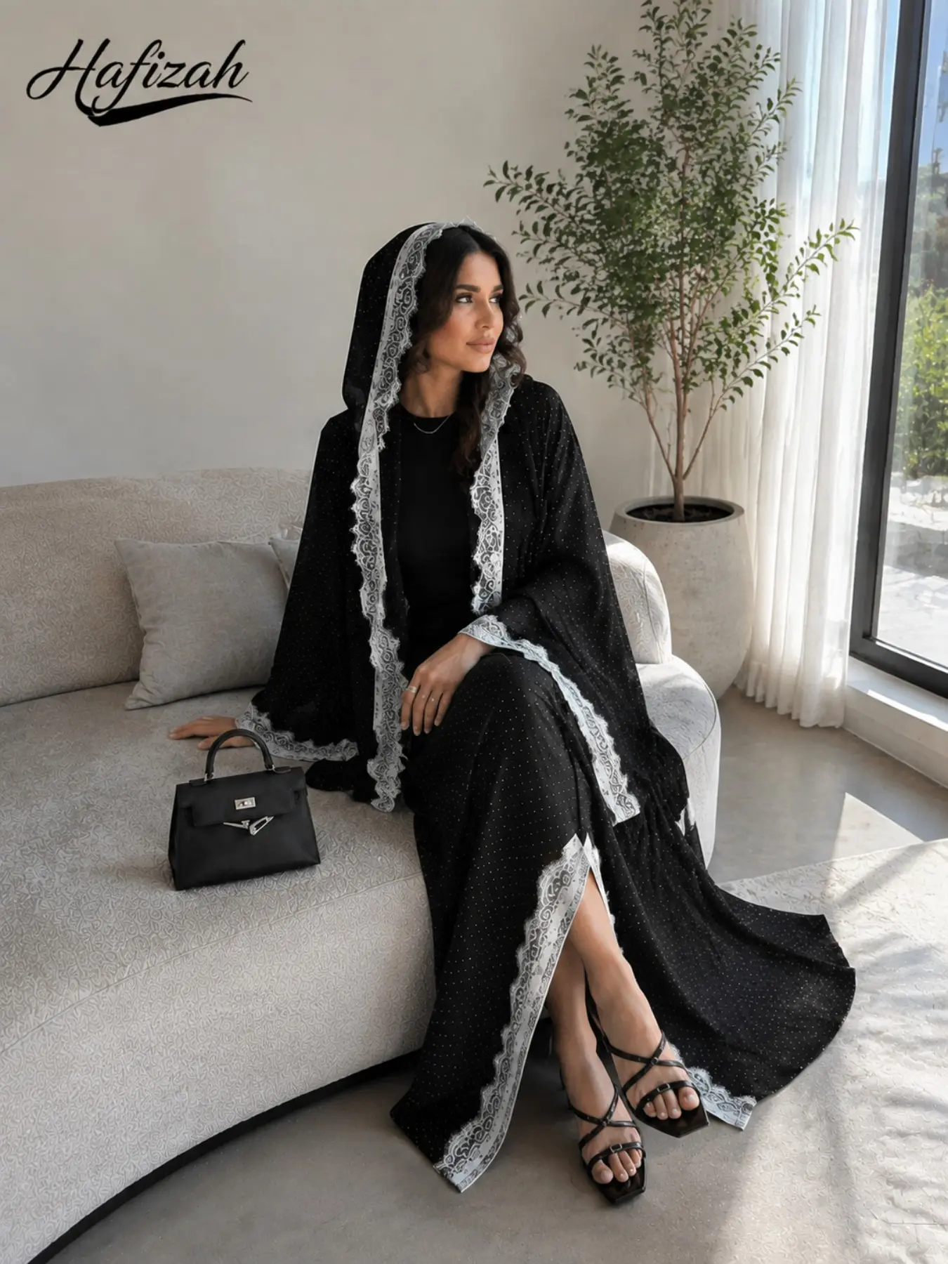 Elegant Polka Dot Abaya Women's Dress, Long Kimono Kaftan, Lace Headscarf Detail, Luxurious Muslim Fashion for Ramadan and Eid