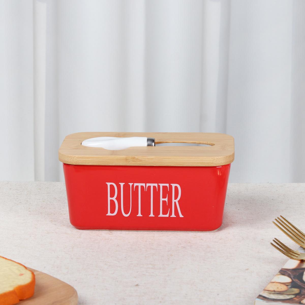 Ceramic Butter Dish with Knife, Rectangular Cheese Container with Wooden Lid, Ceramic Butter Box for Kitchen Use