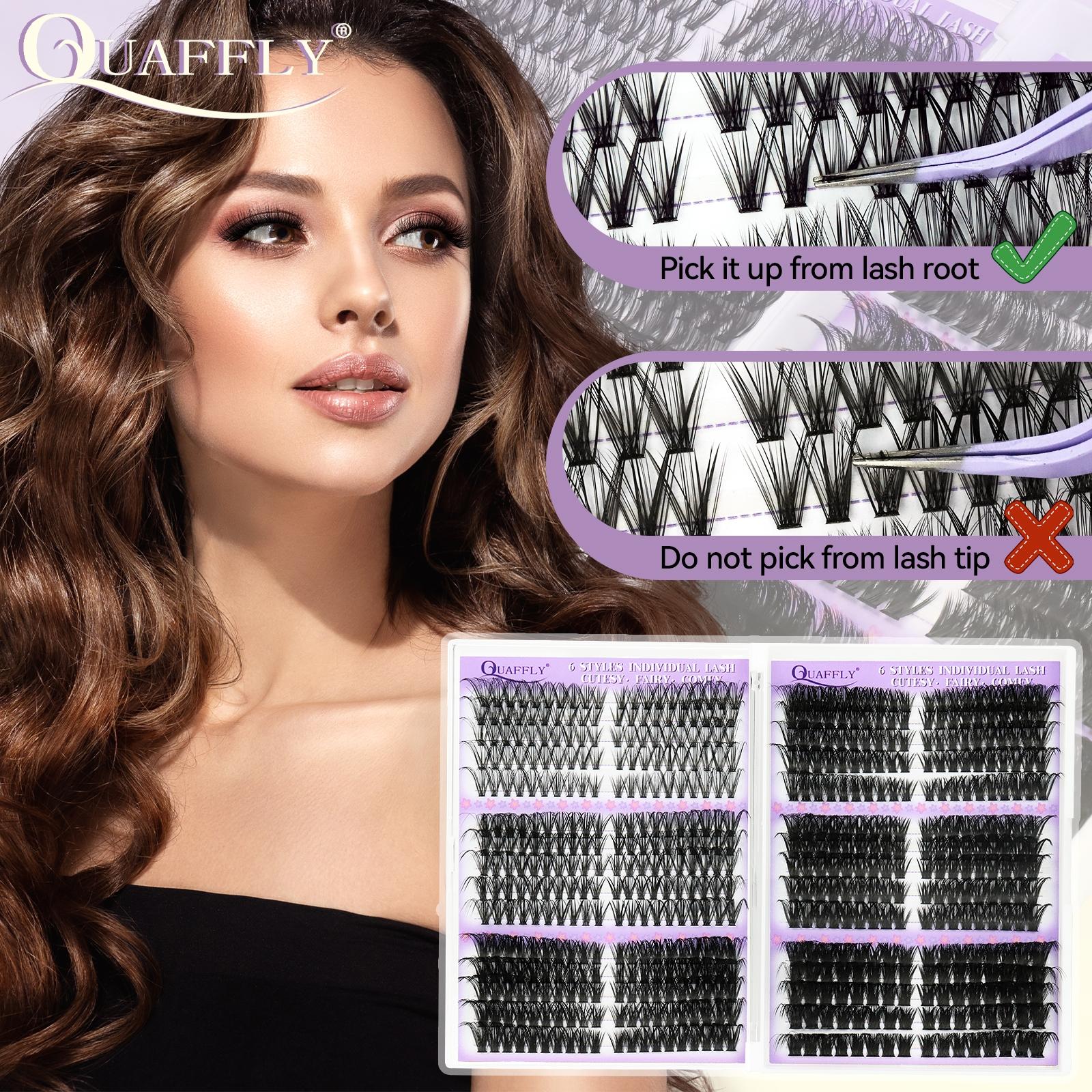 Lash Clusters Kit, 570 Pcs 6 Styles Eyelashes Clusters Extensions Kit 8-16mm Individual Lashes D Curl Thick Wispy Cosmetic False Eyelashes Thin Band, with Eyelash Extension Glue LashBond&Seal Tweezers Brush DIY At Home