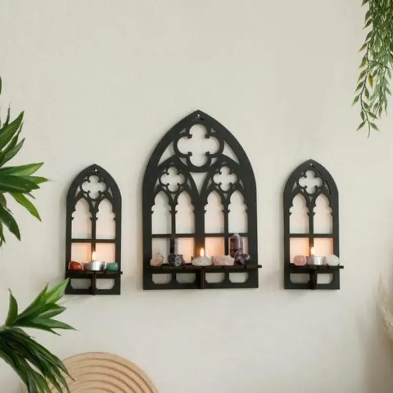 Wooden Hollow Design Wall Shelf, 3 Counts Vintage Gothic Wall Mount Design Wall Decor for Candle Ornament, Rustic Wall Decoration for Bedroom Living Room, Home Decor, Decoration Items