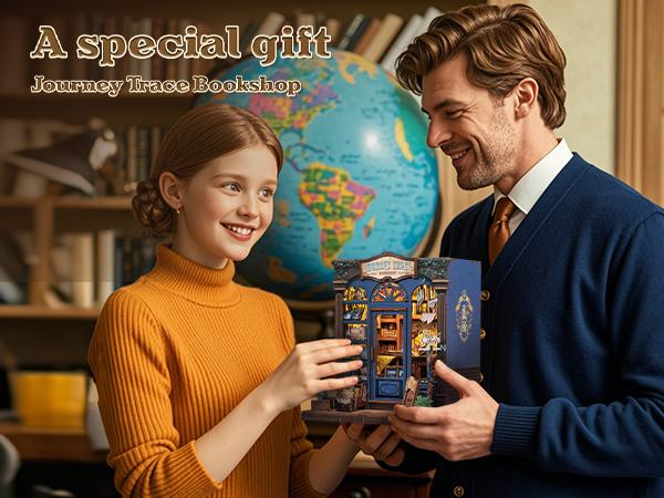 CUTEBEE DIY 3D Book Nook Kit Journey Trace Bookshop – Miniature Wooden Streetscape Bookstore with LED Light, Handmade 3D Dollhouse Decor | Holiday, Christmas and Black Friday Gift