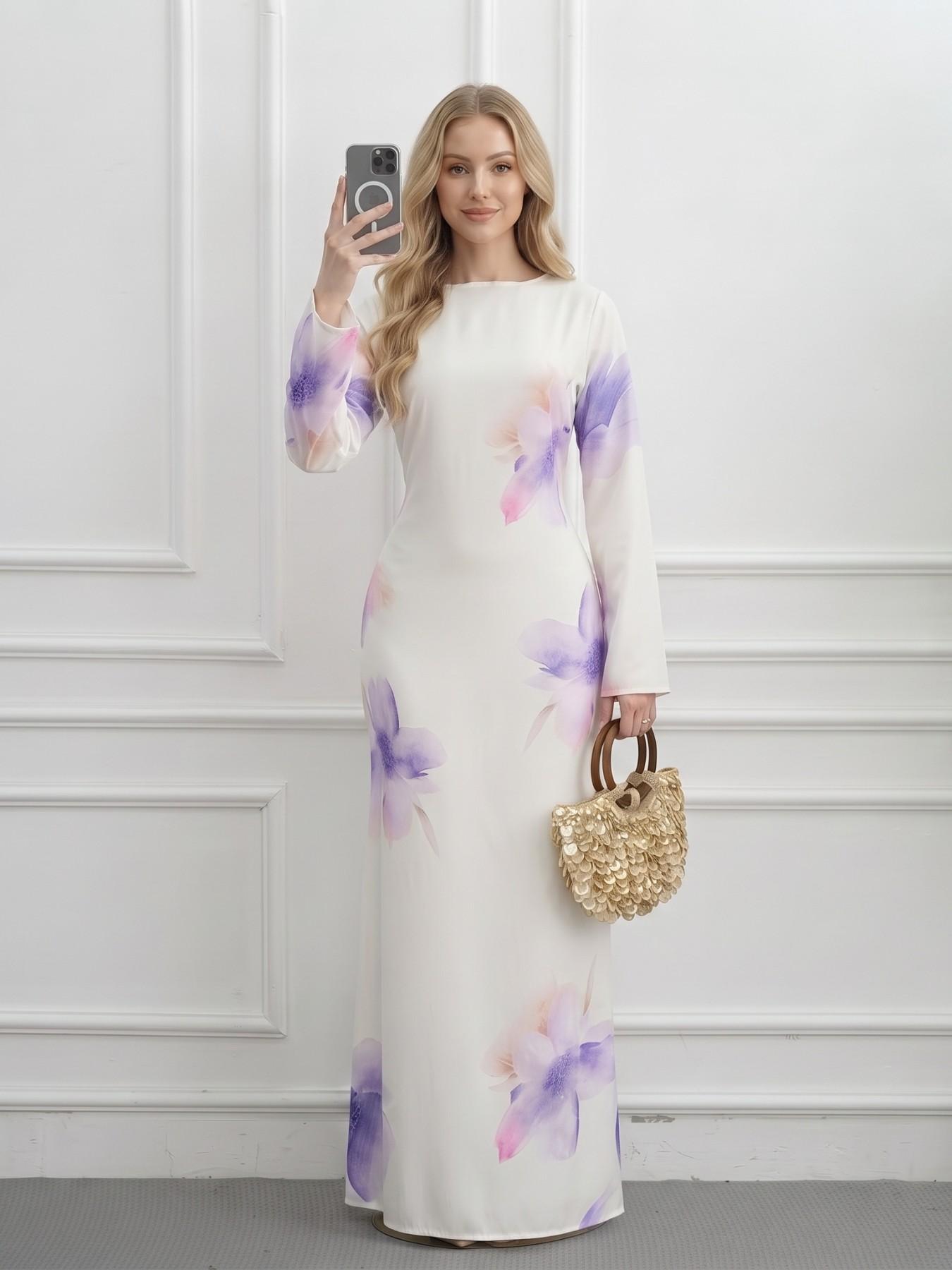 New Women's Elegant Loose-Fit Long Dress, Modest Muslim Clothing, Multi-Color Choice, Bell Sleeve, All Over Floral Print, Casual Daily Wear, Vacation Dress
