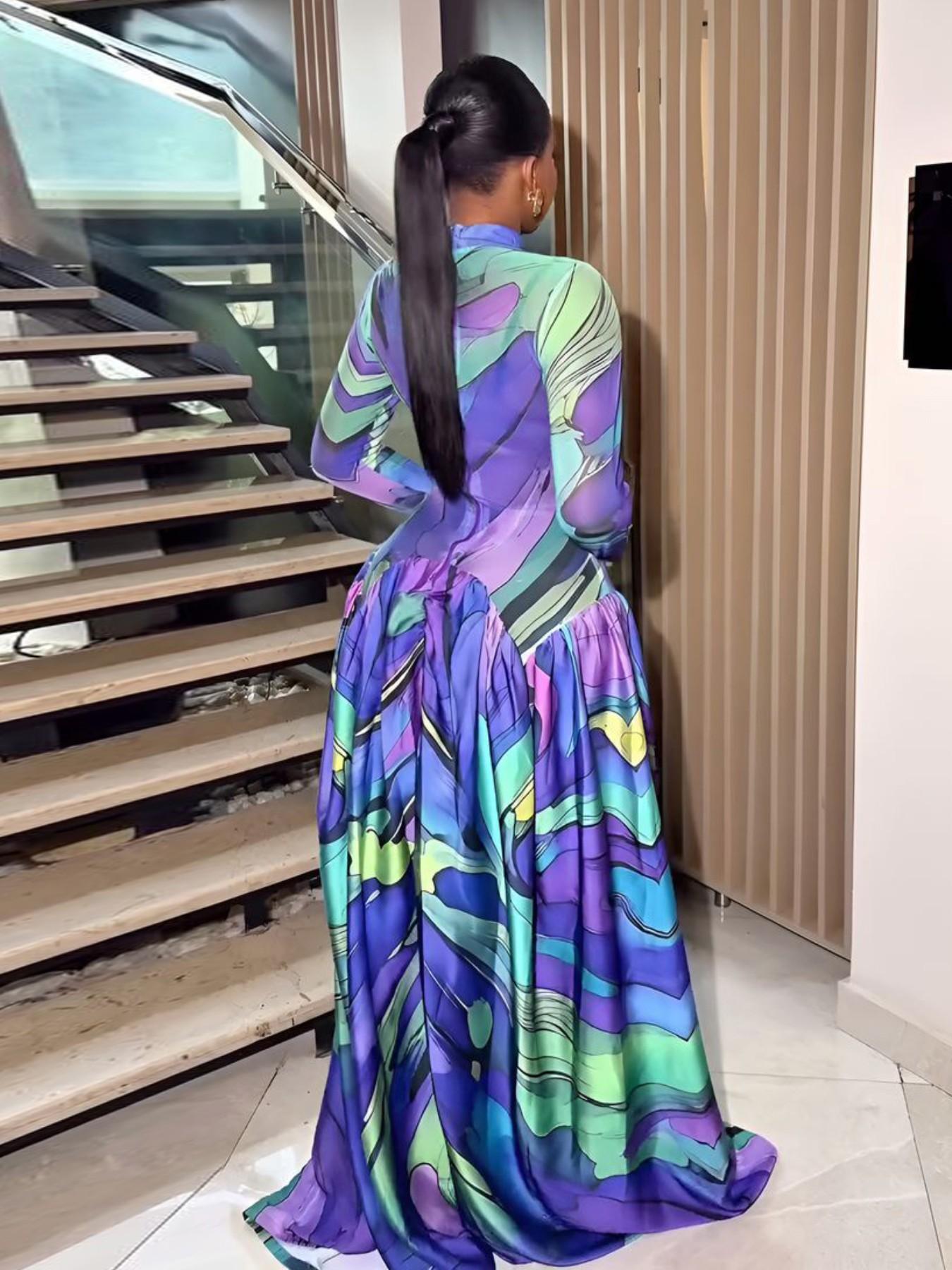 Women's Colorful Abstract Print High Neck Maxi Dress Boutique Flowy Ball Gown for Evening Party Wedding, Evening, Holiday