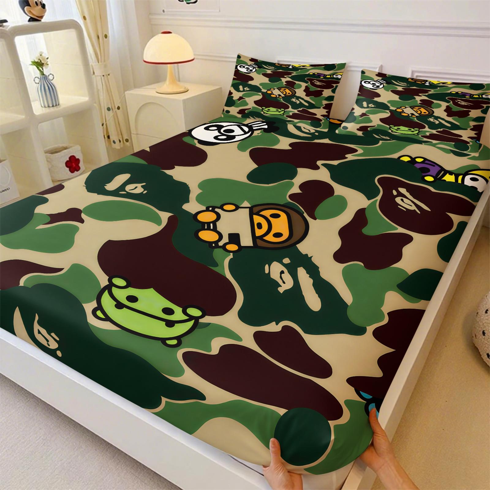 Black-White Camouflage Fitted Sheet Set & 2 Pillowcases No Core, Low-Saturation Camo & Iconic Ape Head Logo, Soft Anti-Slip Wrinkle Resistant, Industrial Hip Hop Style Bedroom Decor, Gift for Fans