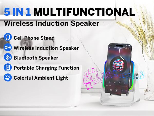 5-in-1 Wireless Induction Audio & Bluetooth Speaker with Phone Holder, 3500mAh Rechargeable Emergency Power Bank, 8 RGB Ambient Light, 360° Adjustable Mobile Tablet Stand– Gifts for Friends, Family,TikTokShopHolidayHaul