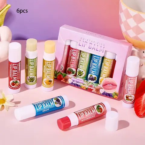 Fruit Flavor Lip Balm Set, 6 Counts/set Moisturizing Lip Balms, Lip Moisturizer, Plumping Lip Care Stick, Hydrating and Brightening Lip Balm for Girls & Women, Christmas Gift, Lip Balm Pack