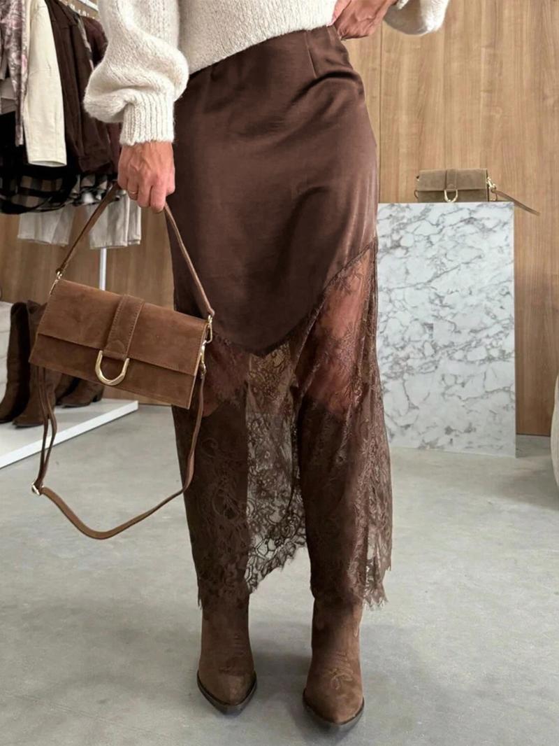 1 piece Valentine's Day Elegant Lace Patchwork Skirt, Knitted Fabric, Pure Color, Fitted , Daily Wear, Suitable for Spring and Summer