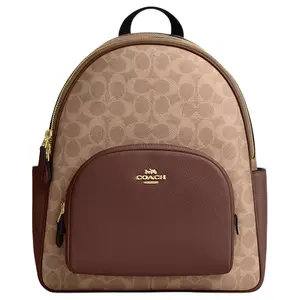 COACH Court 27 Double C Monogram Zip-Top Leather Backpack for Women, Tan and Brown