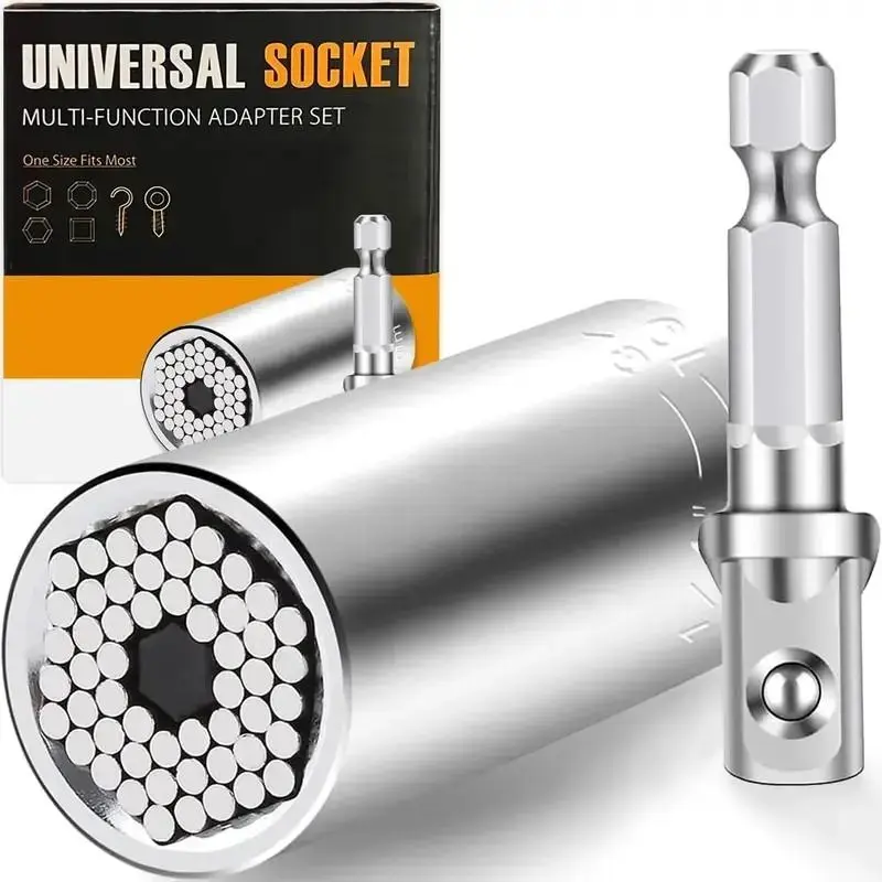 Steel Multi-Fit Universal Grip Socket Set, Hand Tools with Power Drill Adapter for Home Repair
