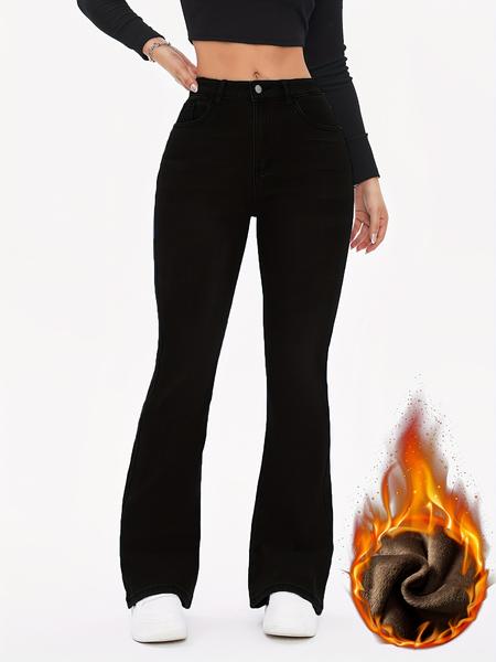 Women's Fall Winter Fleece Lined Jeans, Warm Comfortable Stretchy Denim Jeans, High Waist Slim Fit Casual Wear, Pants