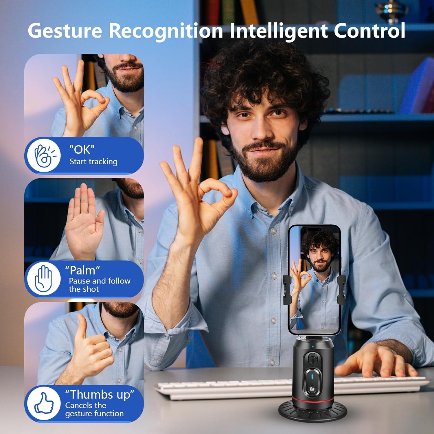 Automatic Face Tracking Tripod, 360 Degree Rotating Smart Stand with LED Lights and Gesture Control, Ideal for Vlog Live Videos