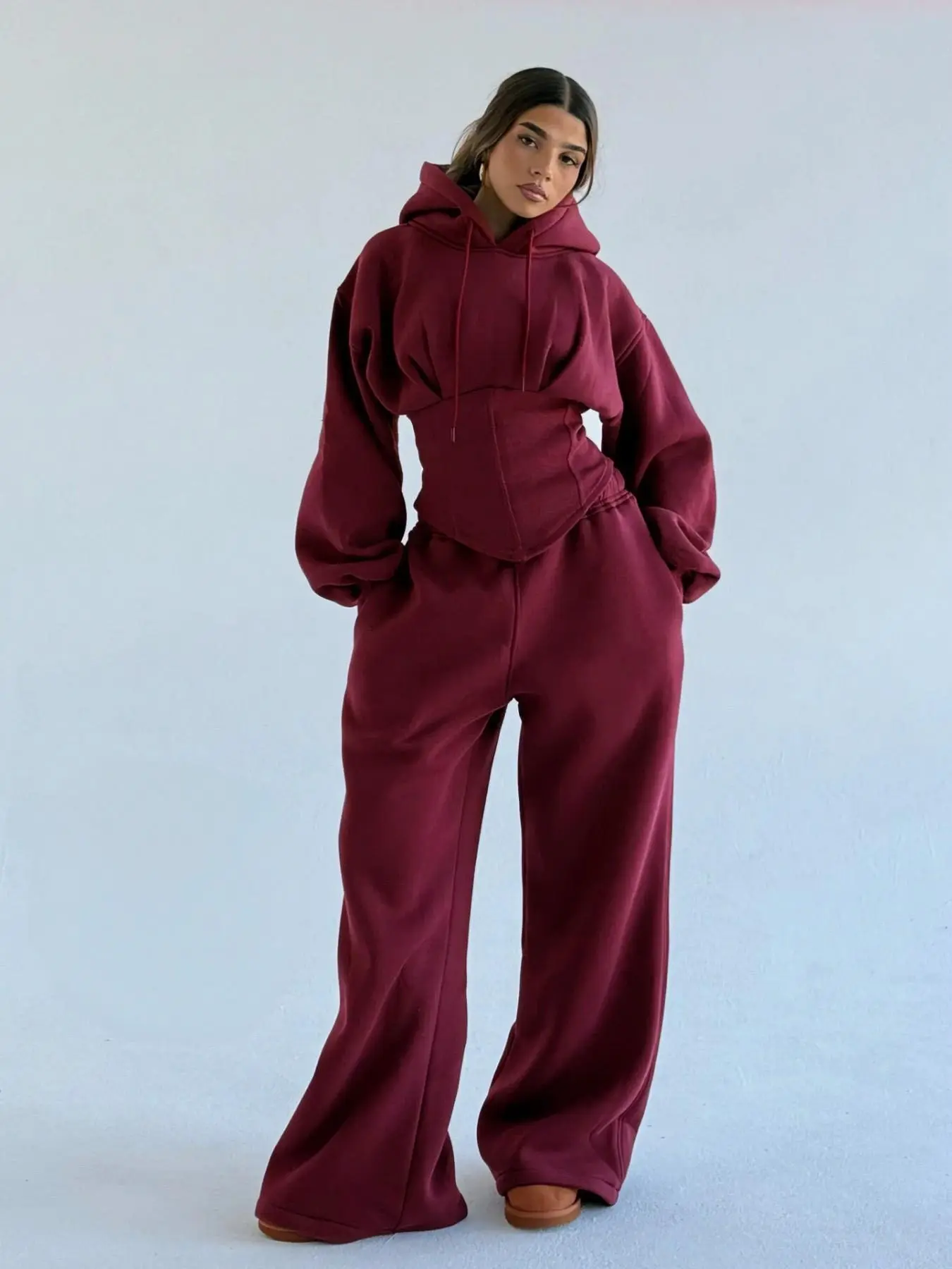 Women's Fall Winter Fashion Sport Set, Leisure Sports Suit, Hooded Sweatshirt and Wide Leg Pants, Waist Tie Design, Casual and Trendy