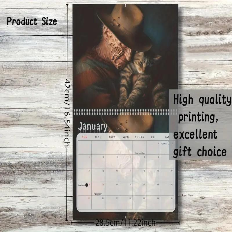2026 Horror Cat Calendar, Funny Horror Movie Villains and Kitties Wall Planner, 12-Month Scary Cute Home Decor, Fun Gift for Film Lovers