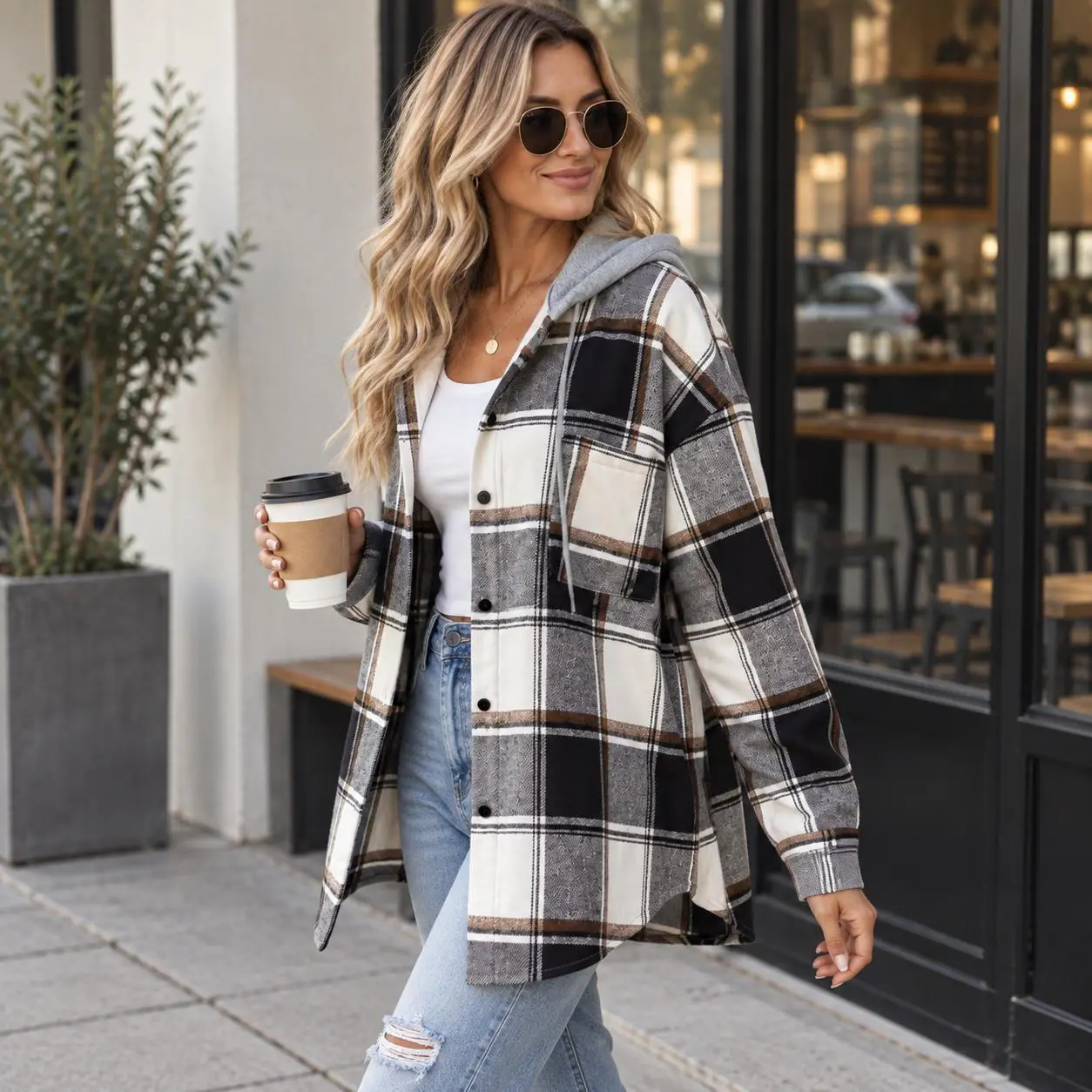 Women’s Plaid Hooded Shacket, Button Front Long Sleeve Oversized Shirt Jacket with Chest Pocket, Soft Casual Layering Coat for Fall Winter, Streetwear, Travel, Coffee Runs, Weekend & Everyday Wear