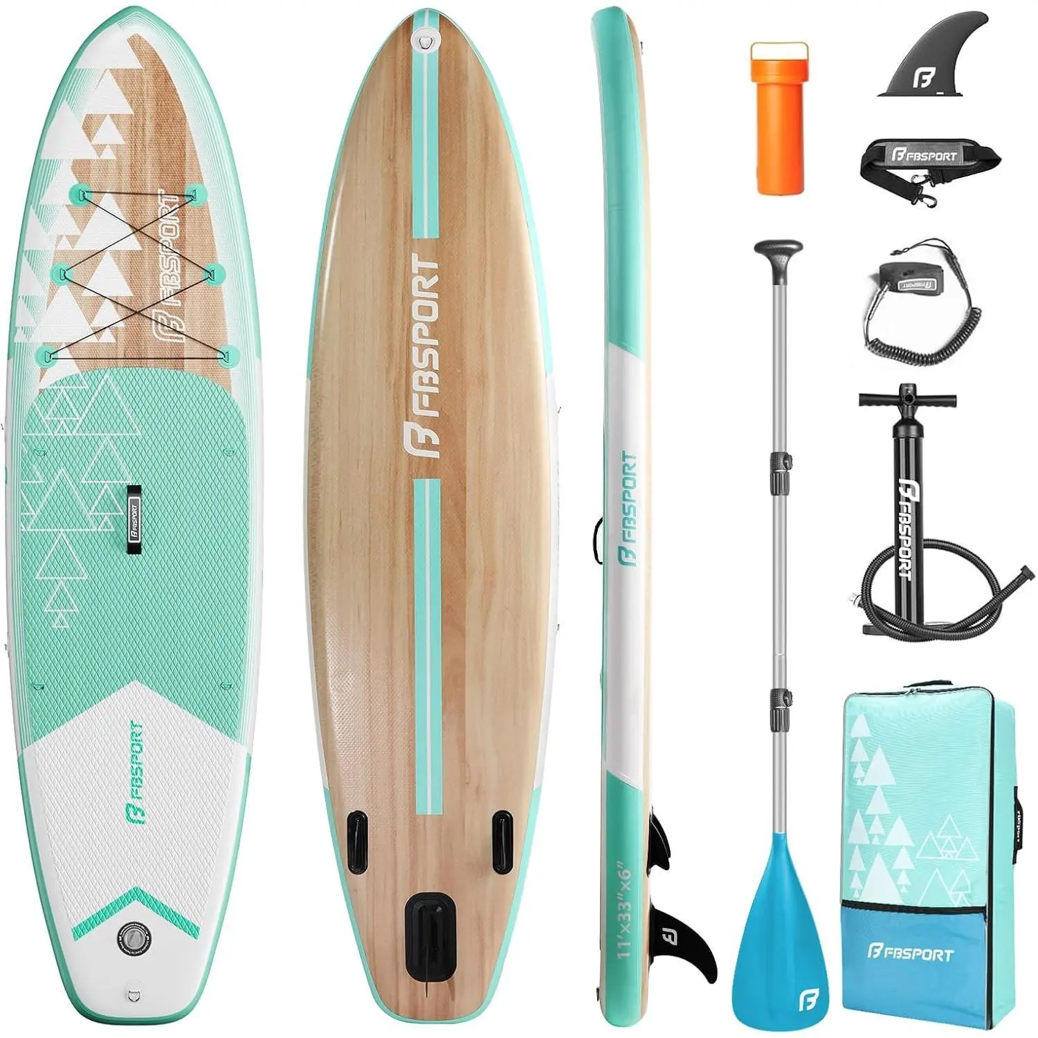 FBSPORT 11' Premium Stand Up Paddle Board, Yoga Board with SUP Accessories & Carry Bag | Wide Stance, Surf Control, Non-Slip Deck, Leash, Paddle and Pump for Youth & Adult