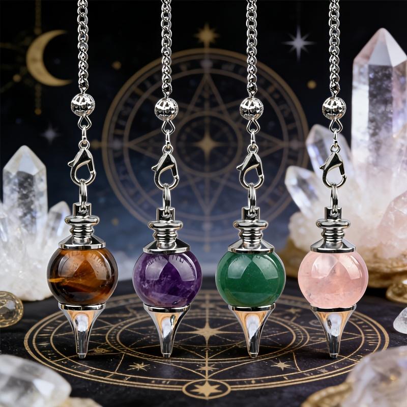 4Pcs/Set Natural Crystal Agate Sphere Pendulum Pendants, Detachable 3-Piece Hanging Chain Set, Divination Dowsing Tool, Yoga Meditation Jewelry Gift for Spiritual Lovers