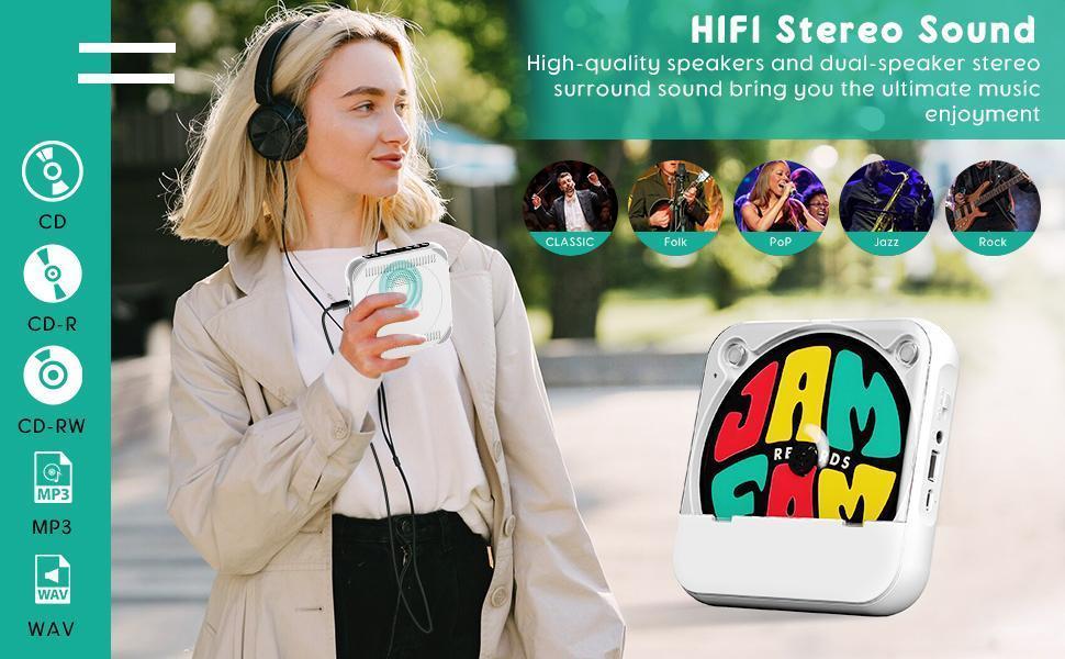 Portable Bluetooth CD Player - Music Player with LED Display, Anti-Shock, FM Radio, Audio Speakers, Button Controls, 3.5mm Jack, 2000mAh for Children, Exercise, Outdoor, Car Use, Push Button