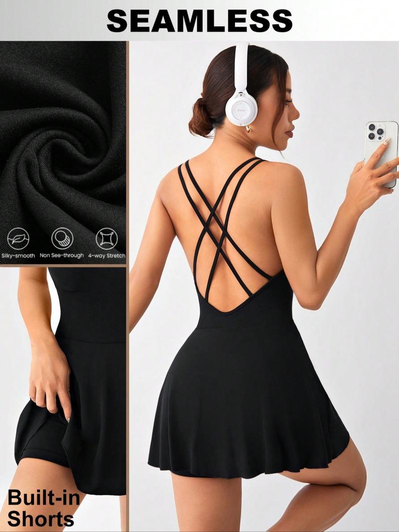 Christmas Women's Cross Back Sporty Dress with Removable Pads, Sleeveless Yoga Skirt Pants, Tight-Fitting All Season Wear, Backless Sports Dress