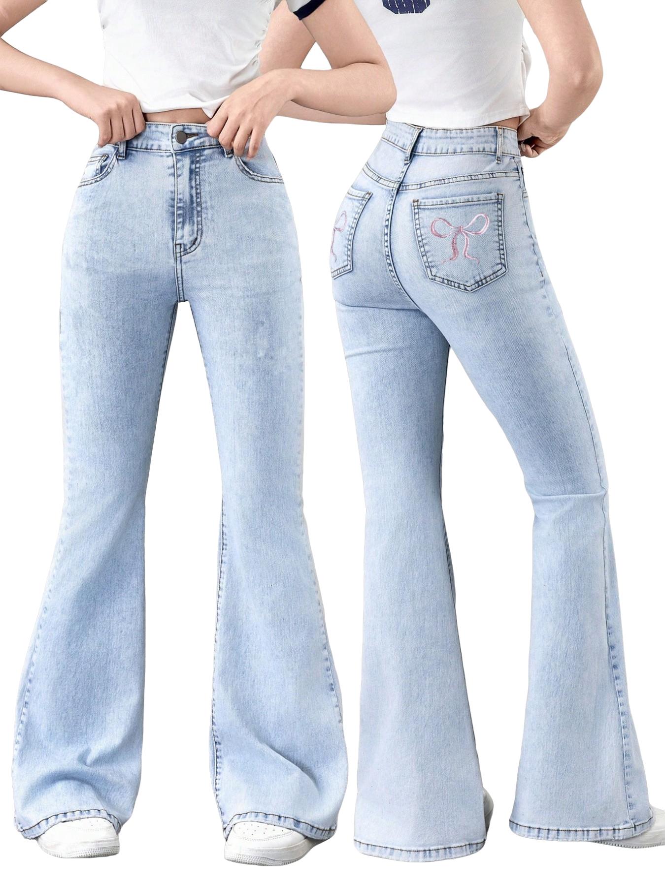Girls Light Blue Wide Leg Jeans 130-160cm, Retro Bowknot Embroidery Denim Jeans, Kids Contrast Stitching Baggy Trousers, Sweet Summer Aesthetic