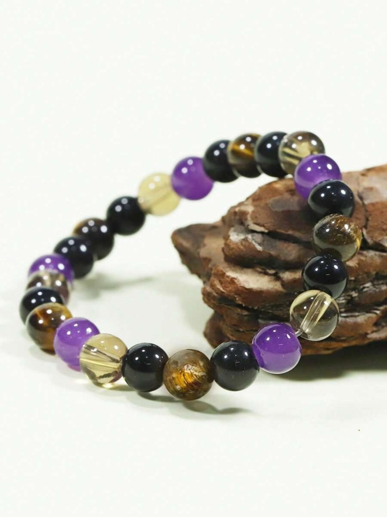 1pc Natural Tigereye & Amethyst Bead Stretch Bracelet, Energy Balancing Crystal Jewelry Gift For Men & Women