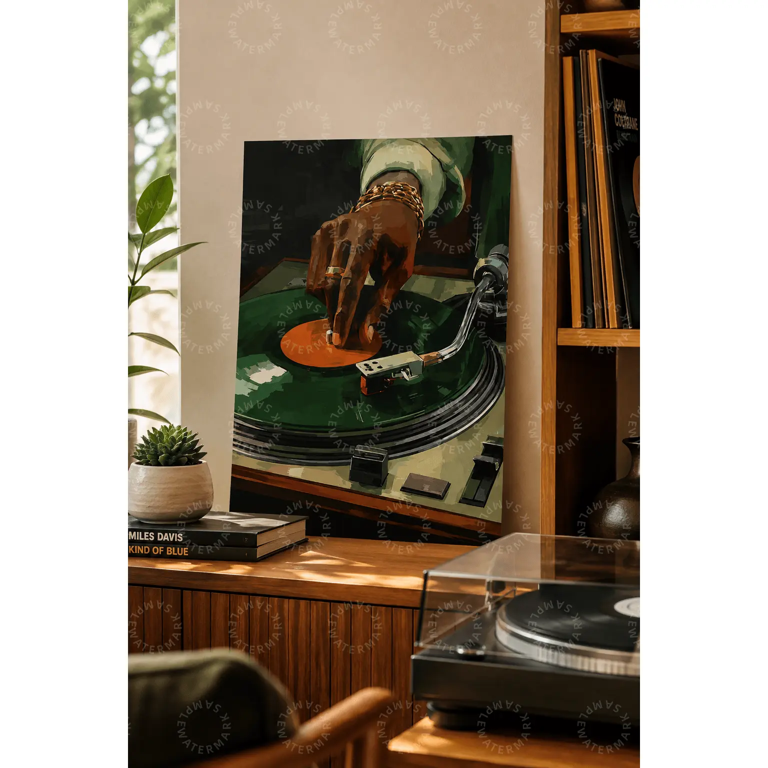 Vintage Green Vinyl Record Player Canvas Poster, Retro Jazz Turntable Hand Oil Painting Wall Art, Mid Century Modern Aesthetic Wall Decor, Music Studio Living Room Teen Bedroom Office Wall Hanging Home Decor Gift