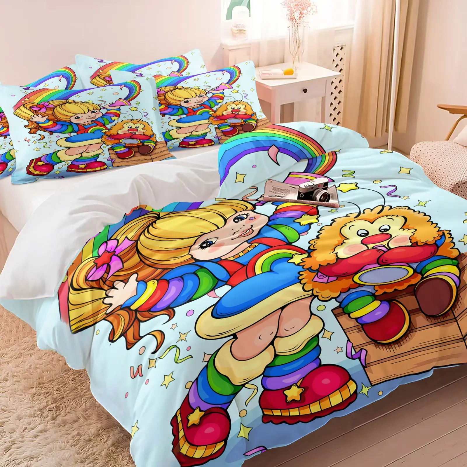 Vintage Rainbow Girl Partner Cartoon Print Duvet Cover Set, 1 Duvet + 1-2 Pillowcases, 80s Happy Party Design, Soft Comfort Bedding, Nostalgic Cartoon Lover Bedroom Dorm Girl's and Children's Room Decor