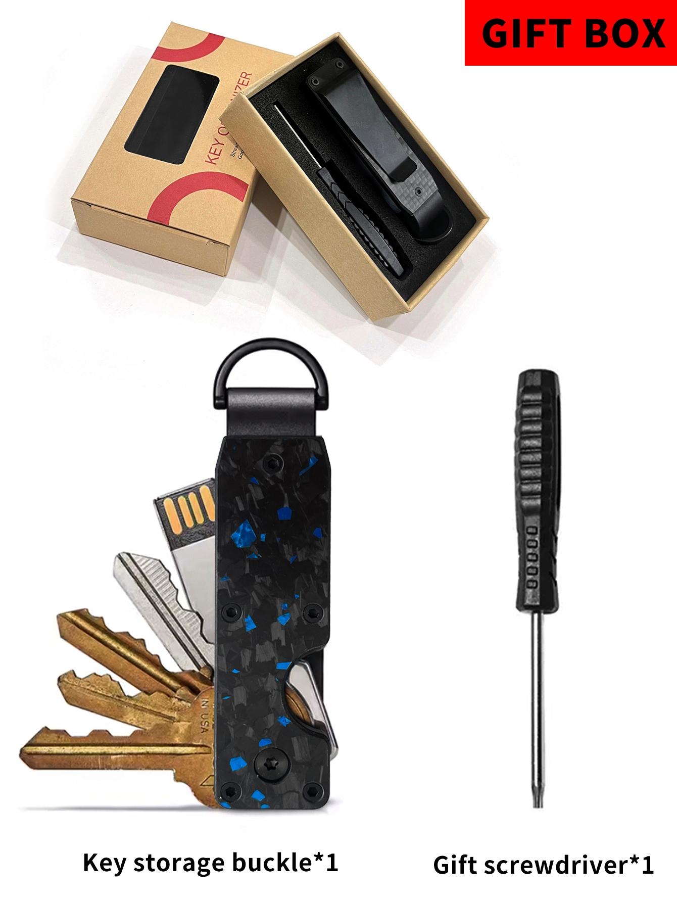 Minimalist Keychain, Heavy Duty Keychain - Compact Metal Key Storage Box With Screwdriver Carbon Fiber Pattern Unisex Key Clip Anti-Scratch Surface, Keys Sleek Light Slim, Durable Key Ring Holder With Gift Box, Gift For Friends, Family, Stylish Keychain