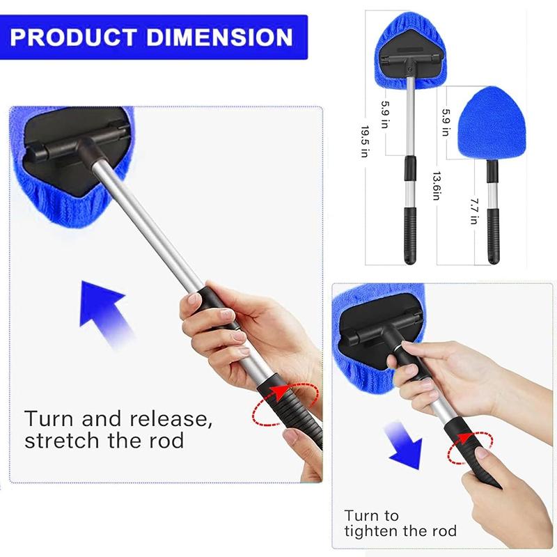 Windshield Cleaning Tool, Microfiber Car Window Cleaner with Extendable Handle, Includes 3 Reusable Washable Microfiber Pads