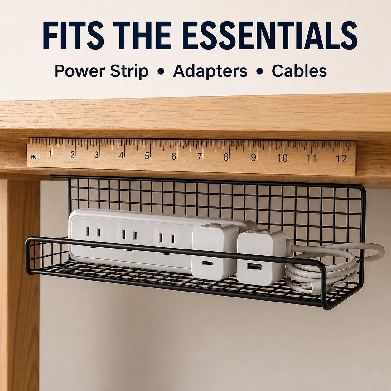 Wall-Mounted Desktop Cable Organizer, No Drilling Installation, Power Outlet & Adapter Holder, Metal, Home Office, Gaming Desk