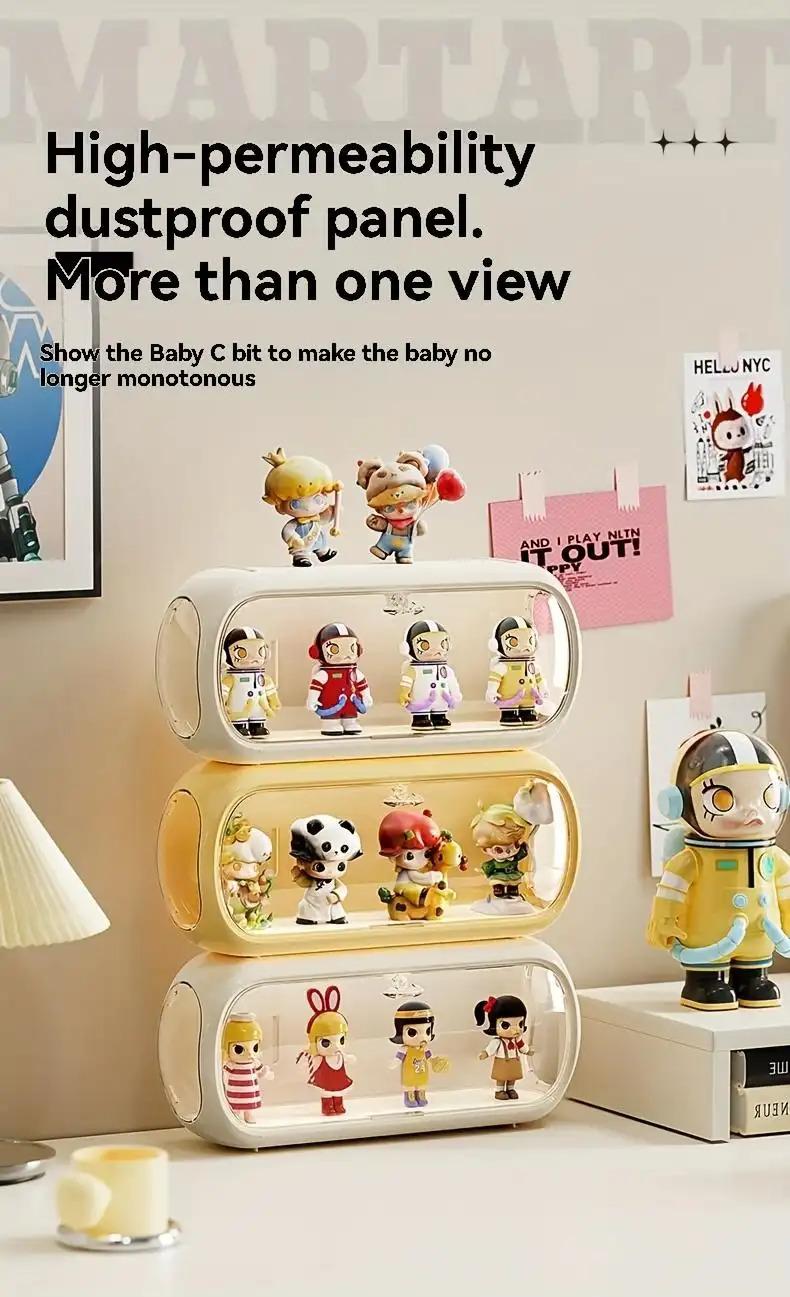 Multi-layer Stackable Collectible Display Box - Transparent Dustproof Acrylic Storage Box with Safety Compartments, Space-saving Organizer for Dolls, Figurines, Model Toys, and Collectible Items (White/Blue/Yellow), Doll Storage Display Cabinet