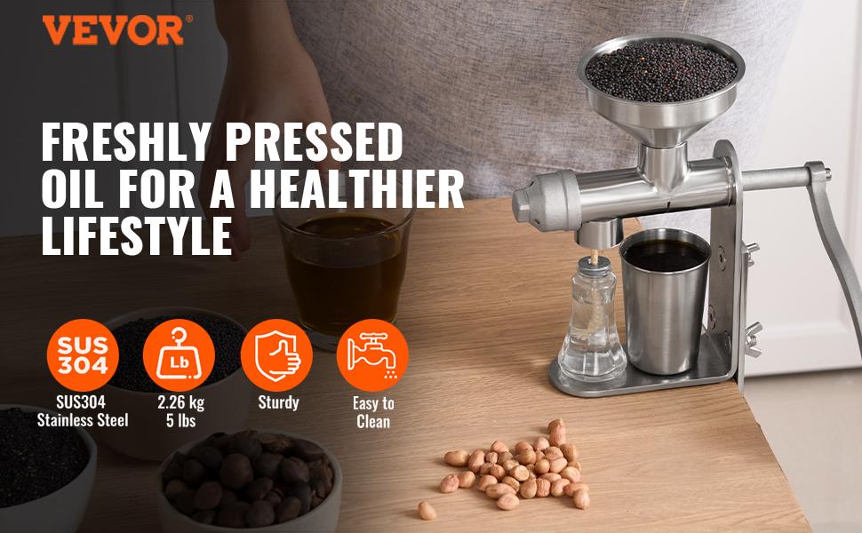 VEVOR Manual Oil Press Machine, Stainless Steel Oil Extractor Machine, Detachable Oil Presser for Effortless Cleaning, Household Oil Expeller for Pressing Peanuts, Sesame Seeds, Rapeseed, Tea Seeds