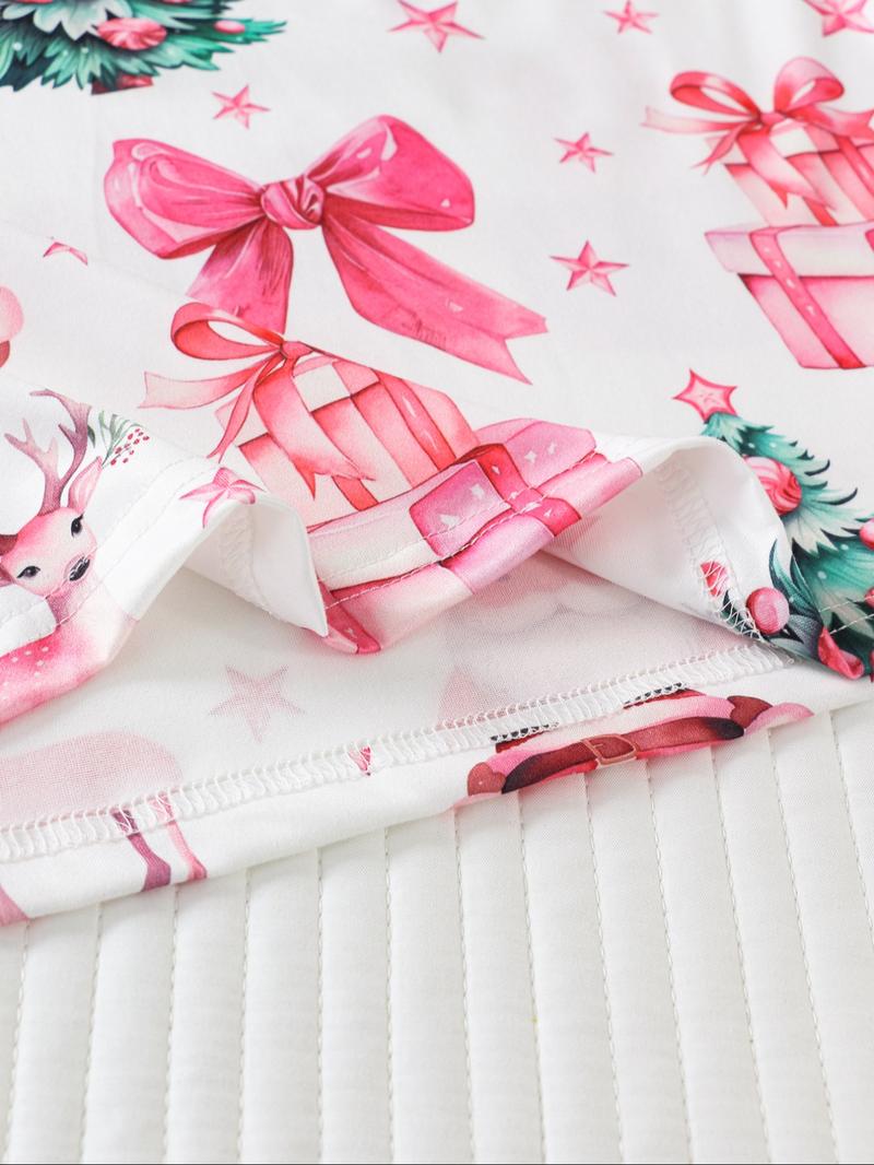 Women's Christmas Santa Gift Pajama Set, Round Neck Long Sleeve & Loose Comfortable Pants, Casual Fitted Sleepwear Loungewear for All Seasons