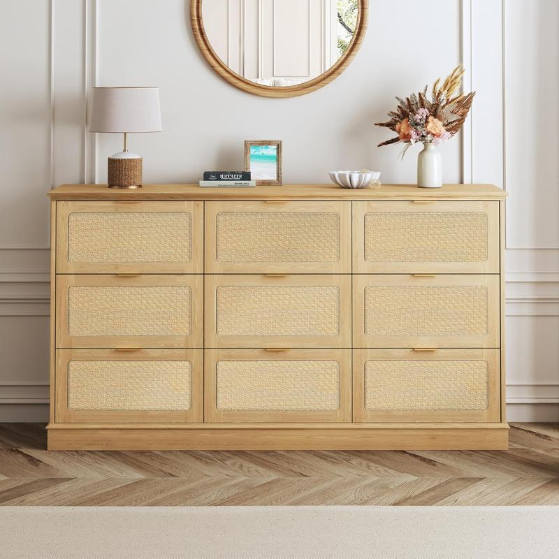 9 Drawer Dresser for Bedroom, 60 Inch Long Dressers & Rattan Chest of Drawers, Large TV Stand for 55, 65, 70 Inch TV, Boho Style, Modern Dresser for, Living Room, Entryway, Bedroom, Natural Oak