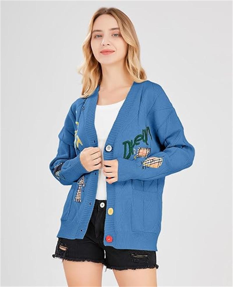 utcovo Women's Cable Knit Long Sleeve Open Front Cardigan Sheep V-Neck Button Down Embroidery Wool Blend Sweater Coat Outwear SpringStatements